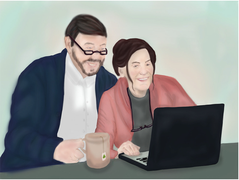 A man and a woman in later stages of life using a laptop and drinking tea